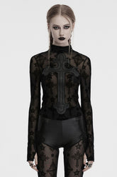 Black Stand Collar Long Sleeves Star Cross Embroidery Sheer Mesh Women's Gothic T-Shirt